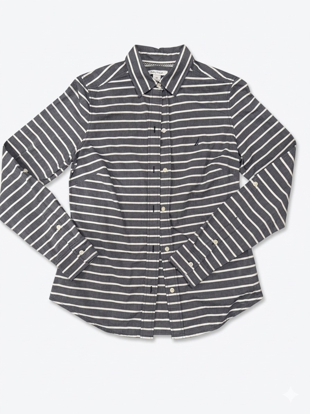 Nautica Women’s Grey White Striped Button Down Long Sleeve Shirt Size XS